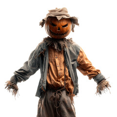 Scarecrow with a creepy pumpkin head on white background. Illustrations for Halloween