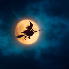 Halloween witch flying across the moon on a broom