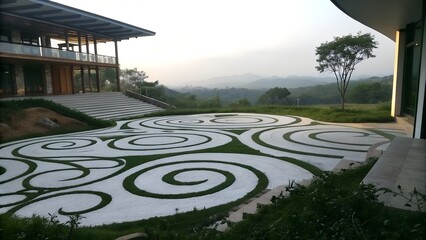modern spiral grass labyrinth overlooked by contemporary architecture in misty hills