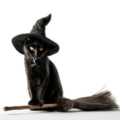 Witch, black cat with broom on white background. Illustrations for Halloween