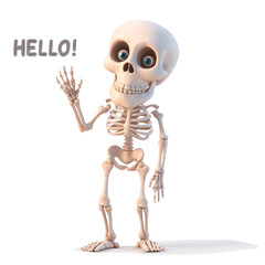 Cartoon skeleton waving hello on white background. Illustrations for Halloween