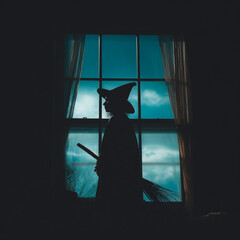 Dark silhouette of a witch in a window, Halloween illustration