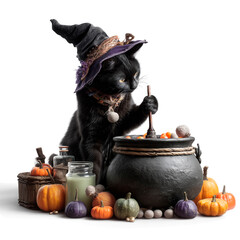 witch black cat in hat brews potion in magic pot on white background. Illustrations for Halloween