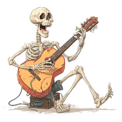 Cartoon skeleton playing guitar on white background. Illustrations for Halloween