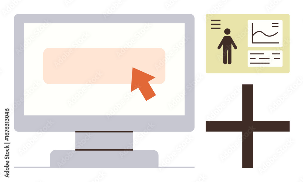 Poster computer screen with arrow, user data profile, chart, and large plus sign. ideal for data analysis, 