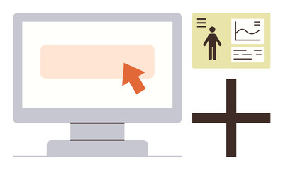 Computer screen with arrow, user data profile, chart, and large plus sign. Ideal for data analysis, technology, user interface, web design, digital workflow business growth and modern