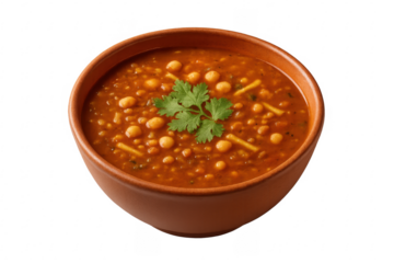 Harira soup with chickpeas, lentils, and cilantro in brown ceramic bowl on transparent background