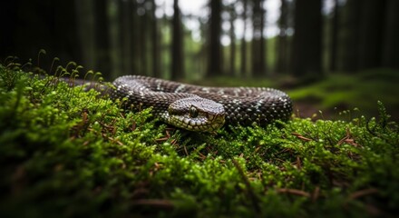 Obraz premium A Coiled Vipers Intense Gaze from a Lush, Mossy Perch in a Dim Forest.