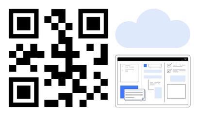 QR code alongside a digital browser interface with forms and cloud. Ideal for technology, data sharing, digital tools, online services, cloud storage, automation, innovation. Clear and simple flat