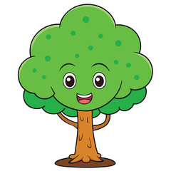 Fototapeta premium Adorable cartoon tree with a happy face and green leaves on a white background character illustration