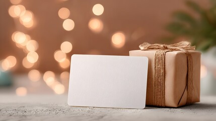 Blank notecard mockup placed beside a neatly wrapped gift on a neutral surface.