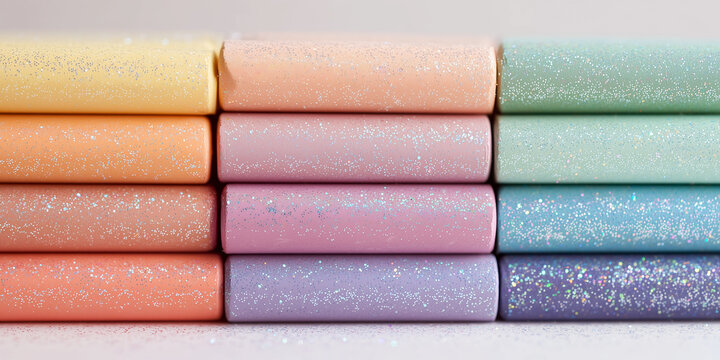 Rollos de tizas con acabado brillante y colores pastel organizados en patr&oacute;n horizontal sobre fondo neutro, que destacan la est&eacute;tica festiva, la creatividad visual y el dise&ntilde;o ideal para manualidad