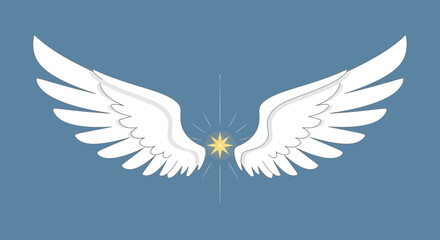 Obraz premium Pair of large white angel wings with a golden starburst at the center against a blue background.