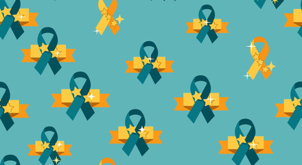 Repeating pattern of teal and gold ribbons with stars, arranged on a turquoise background.