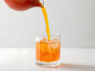 Pouring Refreshment: The dynamic splash of orange juice gracefully cascades from a crystal pitcher into a glass teeming with ice cubes.