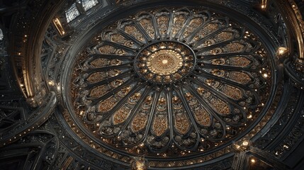 Intricate, ornate dome ceiling showcasing a striking interplay of dark metallic and golden details.
