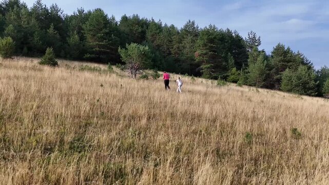 Aerial shot. Woman and girl walking through dry grass to the top of a hill. Nature, family outing, hiking, outdoor activity.