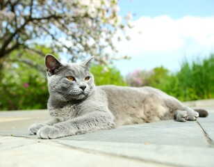 Gray cat relaxing outdoors (1)