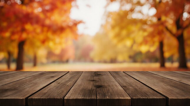 empty dark halloween wood table for product display with bright fall foliage backdrop | product display, seasonal, holiday, background, photography theme