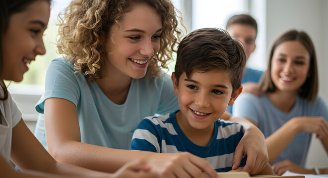 Sibling with joyful mood helping each other on family bonding background