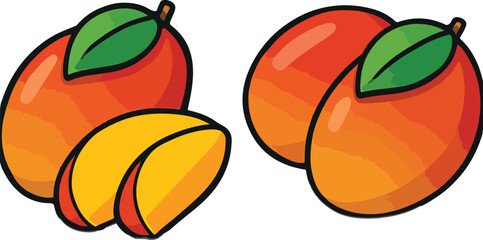 Two Whole Mangoes and Slices Red Orange Yellow Fruit Illustration