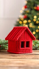 Knitted red house on wooden table, Christmas background