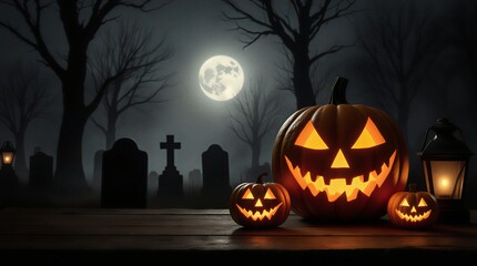 dark halloween empty wooden table product display mockup with spooky pumpkin scene | product display, advertising, visual, campaign, still life theme