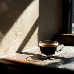 A glass cup filled with coffee that's rich and dark, and a strong, golden beam of sunlight streaming through the window