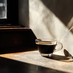 A clear glass cup filled with rich, dark coffee, bathed in a strong, golden beam of morning sunlight streaming through a window