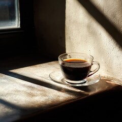 A glass cup filled with coffee that's rich and dark, and a strong, golden beam of sunlight streaming through the window