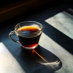 A cup of coffee sits on the table. Through the window, natural light filters in, casting shadows that divide the premium black coffee in the glass cup