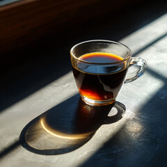 A cup of coffee in a clear glass with a strong sunlight, golden light coming from a window in the morning