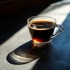 A glass cup filled with rich and dark coffee is lit by a bright, golden beam of morning sunlight coming through the window