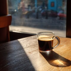A cup of coffee in a clear glass, with a strong golden beam of morning sunlight streaming through a window