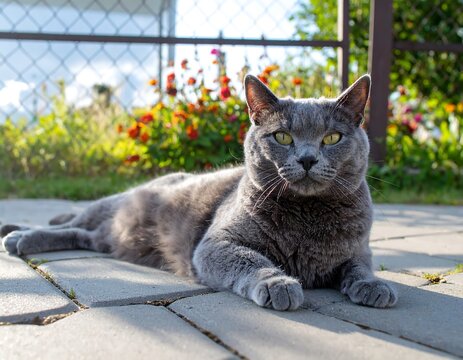 Gray cat relaxing outdoors