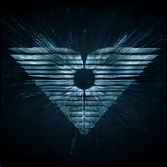 An abstract symbol resembling wings, made of parallel horizontal lines, glowing blue light, emanating light streaks, futuristic, data streams, digital art, dark background, conceptual