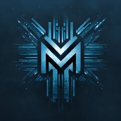 A futuristic, glowing blue logo with the letter M, abstract design, technology, circuit board patterns, digital art, dark blue background, Tron style, sharp lines, intricate details, vibrant colors