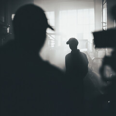 A man wearing a suit is in a cinematic scene of documentary filmmaking with a crew and camera equipment in the background in a warehouse with a dimly lit environment.