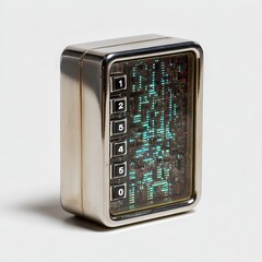 A retro-futuristic, chrome-plated device with a keypad and a glowing, pixelated blue-green digital pattern on a screen. with a distinct 1970s or 1980s aesthetic