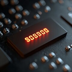 a close-up of a circuit board or electronic device, glowing in orange-red letters and numbers on its surface
