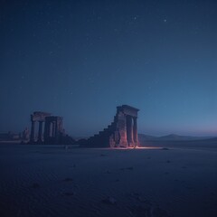 Fototapeta premium Ancient ruins stand silhouetted against a starry night sky in a vast desert landscape evoking mystery and wonder under the celestial expanse of the heavens above