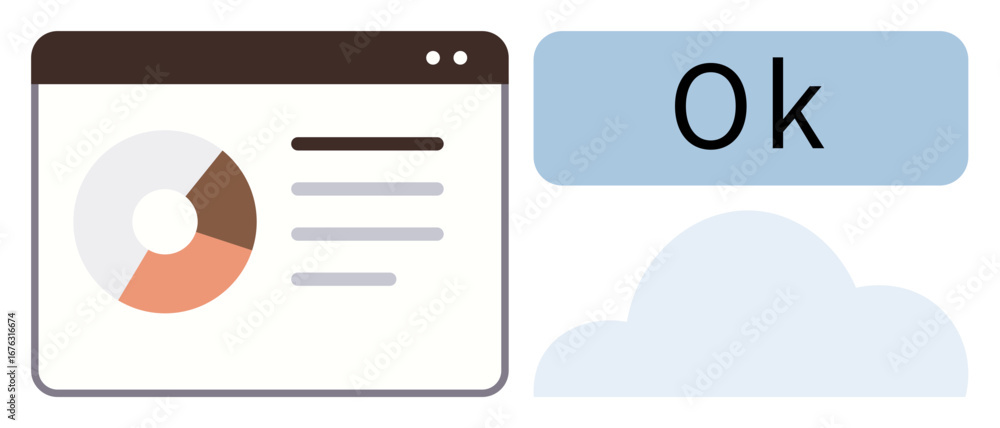 Fototapete browser window with pie chart infographic and text, cloud shape, confirmation ok. ideal for workflow