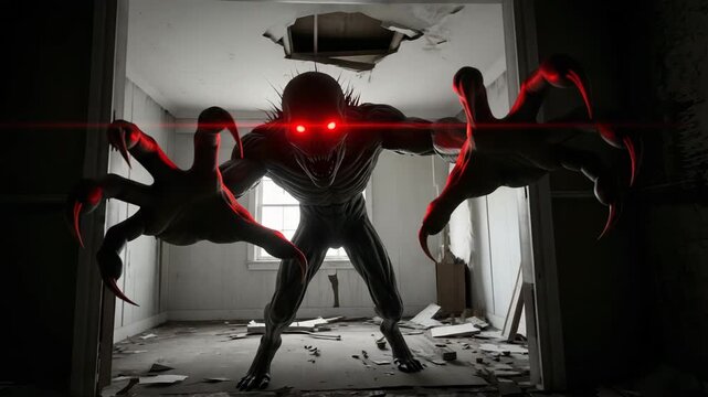 A creepy monster with red eyes and long claws appears in the doorway of an abandoned house. Perfect for horror movies, music videos and quests.
