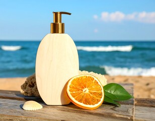 Light beige bottle of lotion or cream sits on a wooden surface with citrus slices, seashells, and a sea sponge. Summer beach scene