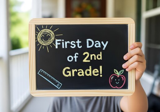 Child holding a chalkboard sign for the 'First Day of 2nd Grade'.
