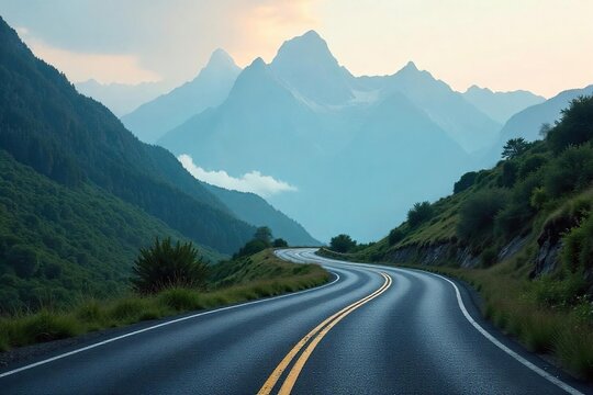 A winding road disappearing into a misty mountain range, symbolizing the unknown potential and adventure of a new journey , woods, escape, freedom