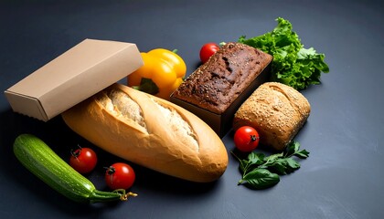 Freshly baked bread and assorted vegetables arranged artistically on a dark surface