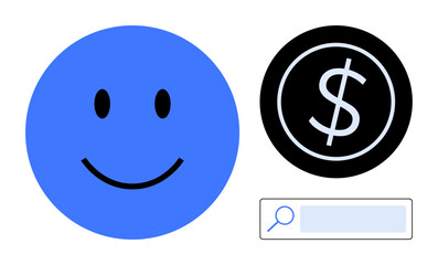 Blue happy face next to a black circle with a dollar sign and a search bar. Ideal for finance, search engines, positivity, e-commerce, digital marketing, wealth, simple landing page