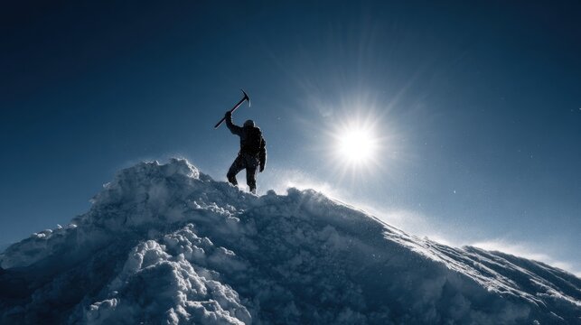 A triumphant figure stands atop a snow-capped peak, ice axe raised high, bathed in the bright sunlight, highlighting a moment of achievement and conquering nature's grandeur.