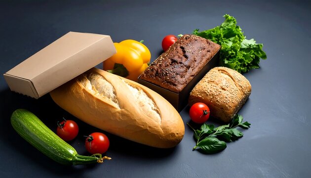 Freshly baked bread and assorted vegetables arranged artistically on a dark surface